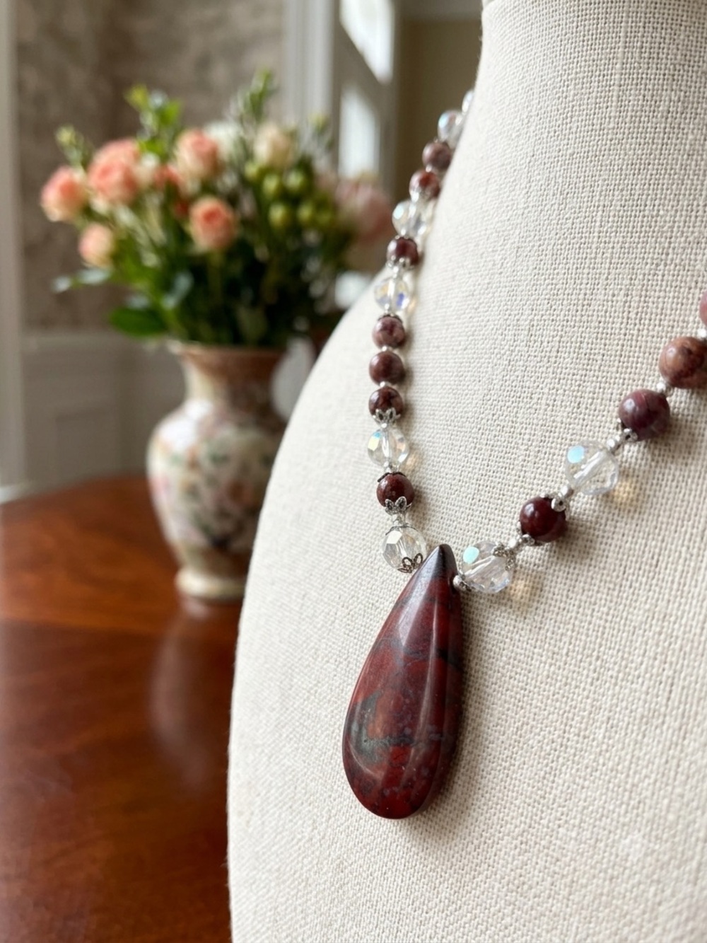 Red Brecciated Jasper Pendant, Porcelain Jasper Beads & Faceted Crystal Necklace - Picture 5 of 7